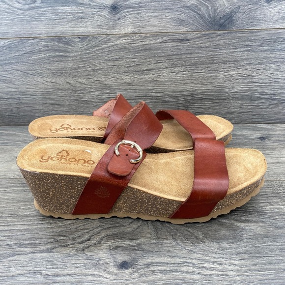 Yokono Women's Brown Leather Wedge Sandals Size 9 Made in Spain - Picture 2 of 8